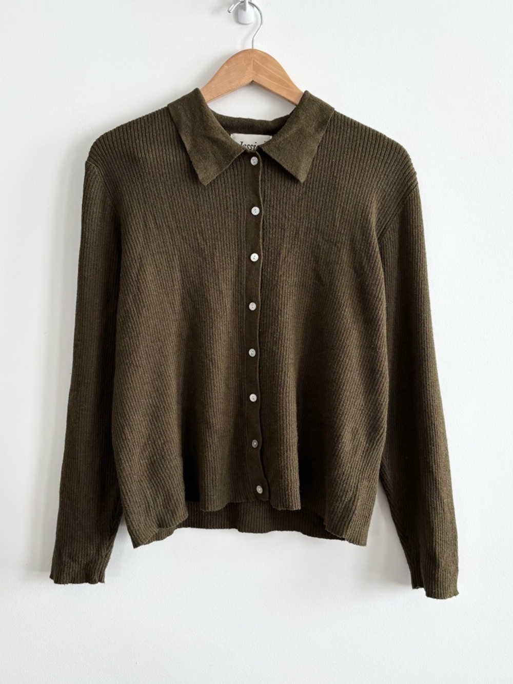 Vintage Sears Olive Green Button-Down Ribbed Knit Sweater Top